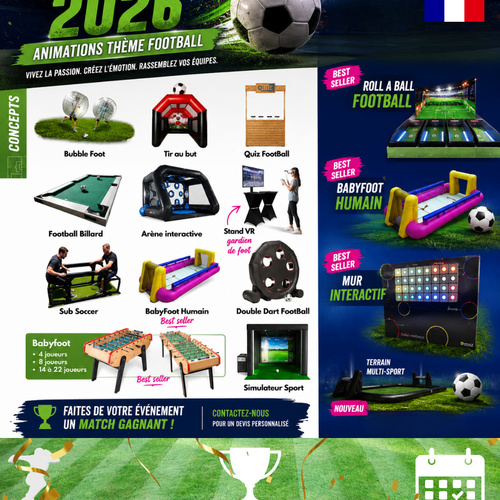 ⚽🏆 La Coupe du Monde 2026 est là… et si vous la faisiez vivre à vos collaborateurs, clients ou visiteurs ?

🎯 Au programme :

⚽ Tir au but
⚽ Bubble Foot
⚽ Baby-foot humain
⚽ Football Billard
⚽ Simulateur de gardien de but en VR
⚽ Mur interactif lumineux
⚽ Roll A Ball Football
⚽ Quiz Football
⚽ Terrain multisport
⚽ Sub Soccer
⚽ Double Dart Football

Que ce soit pour un séminaire, une journée collaborateurs, une opération commerciale ou un événement grand public, nos animations créent du lien, favorisent la convivialité et garantissent des moments mémorables.

🌍 Faites vibrer votre événement au rythme de la Coupe du Monde 2026 !

📩 Contactez-nous : faycel@eventiverse.fr ou nicolas@eventiverse.fr

#Eventiverse #CoupeDuMonde2026 #Football #AnimationEvenementielle #EvenementEntreprise #TeamBuilding #FanZone #ExperienceClient #AnimationCommerciale #Evenementiel #CorporateEvents #WorldCup2026