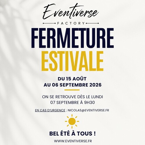 ☀️ L'été est arrivé… et il est temps pour la Team Eventiverse de faire le plein d'énergie !

Après des mois à imaginer, produire et donner vie à vos plus beaux événements, notre équipe s'accorde une parenthèse estivale bien méritée.

📅 Nos bureaux seront fermés du 15 août au 6 septembre 2026 inclus.
Pendant quelques semaines, nous troquons les plannings, les roadbooks et les repérages contre le soleil, les couchers de soleil et quelques moments de détente… 
avec une seule mission : revenir encore plus inspirés pour donner vie à vos futurs projets. 🌴✨

📩 En cas d'urgence uniquement, nous resterons disponibles par e-mail :
nicolas@eventiverse.fr

À tous nos clients, partenaires, artistes et prestataires : merci pour votre confiance. C'est grâce à vous que chaque saison est une nouvelle aventure.

Nous vous souhaitons un magnifique été et avons déjà hâte de vous retrouver dès le 7 septembre pour écrire ensemble la suite de vos plus beaux événements.

Profitez de chaque instant… nous, on revient très vite avec de nouvelles idées ! ☀️

✨ La Team Eventiverse

#Eventiverse #EventiverseFactory #AgenceEvenementielle #Evenementiel #LuxuryEvents #EventDesign #EventProduction #CorporateEvents #BusinessEvents #PrivateEvents #PremiumExperience #ExperienceClient #OrganisationEvenement #LiveEntertainment #Spectacle #AnimationEvenement #SummerBreak #Vacances #FermetureEstivale #TeamEventiverse #Entreprises #Collectivites #CSE #HautsDeFrance #Oise #France #Inspiration #CreateMemories #SeeYouSoon #BackInSeptember